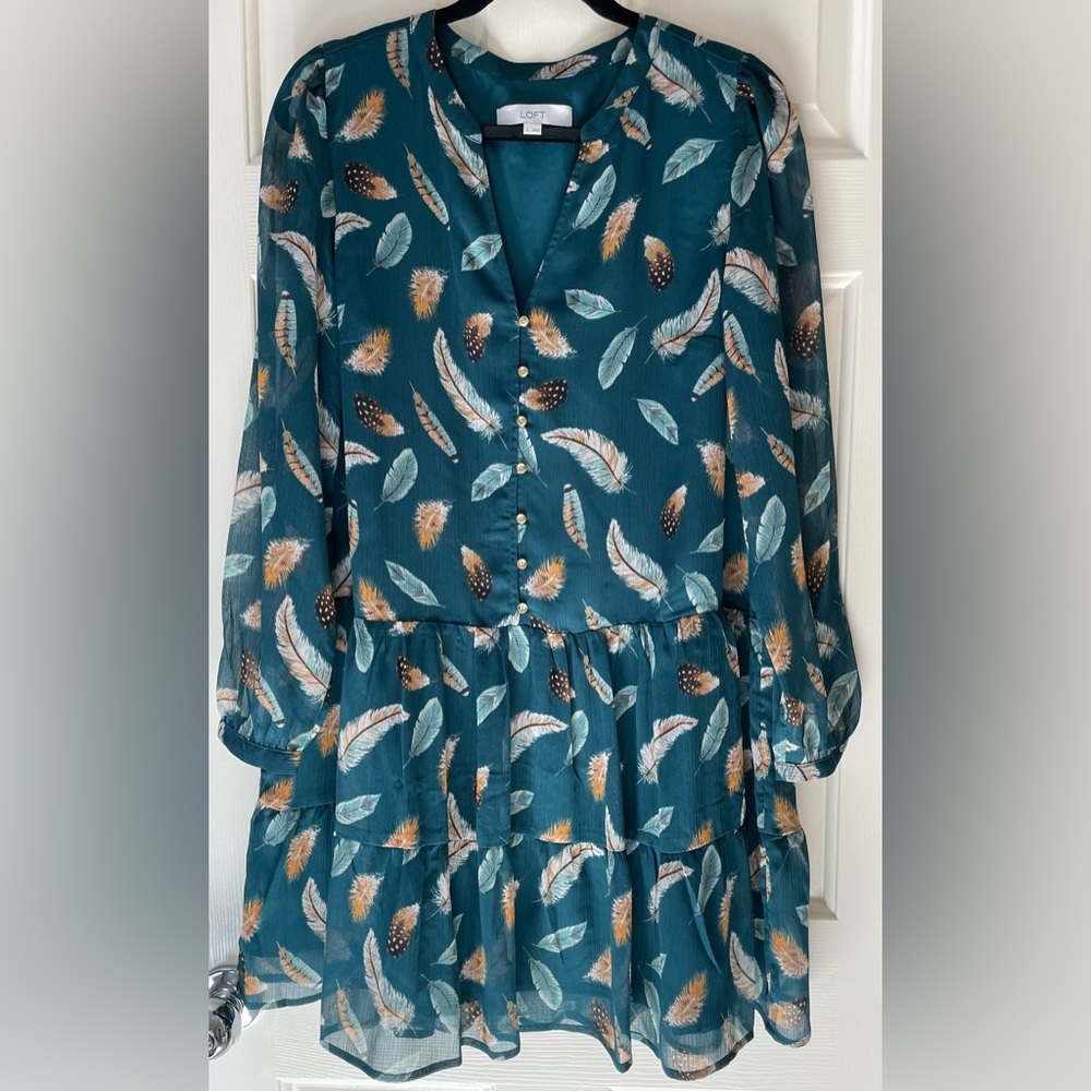 Turquoise feather print dress by Loft